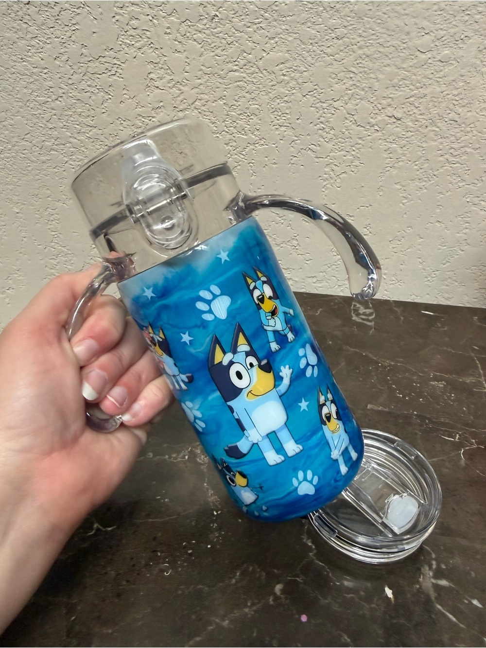 Bluey Marble 12 Oz Sippy Convertible Tumbler Cup Handmade